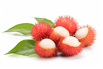 Rambutan fruits with leaves on white background