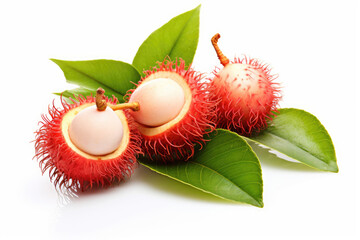 Rambutan fruits with leaves on white background