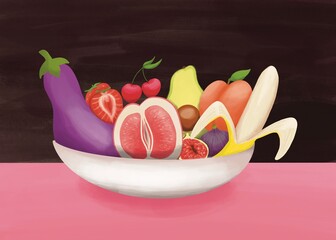 sexy fruit bowl with juicy emojis memes - funny still life art - obrazy, fototapety, plakaty