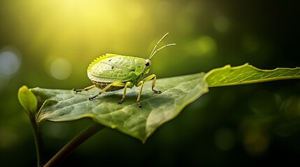 A close up of a bug on a leaf with a blurry background.