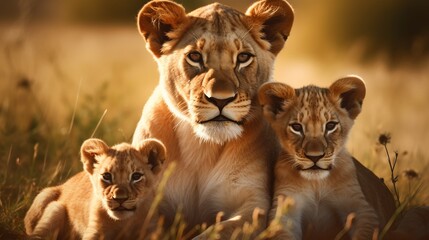 A close up of a lioness and her adorable baby lions grazing in a green field - obrazy, fototapety, plakaty