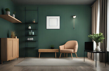 Modern interior of living room with armchair and cabinet for tv on dark green color wall background.
