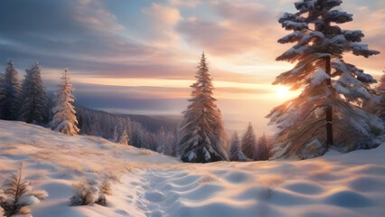 Winter Landscape. Pine trees on a hill of snow with sunset at cloudy sky