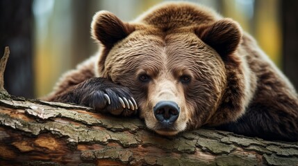 A grizzly bear is laying on a tree in a close-up shot. - obrazy, fototapety, plakaty