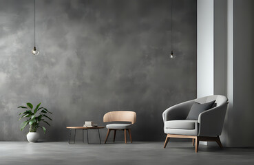 Obraz premium Style loft interior with gray armchair on dark cement wall.3d rendering