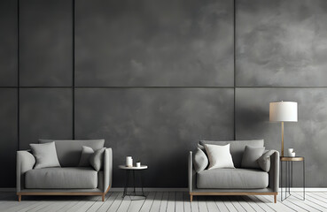 Style loft interior with gray armchair on dark cement wall.3d rendering