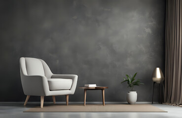 Style loft interior with gray armchair on dark cement wall.3d rendering