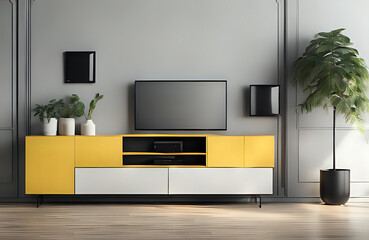 Black cabinet for tv interior yellow wall mockup - obrazy, fototapety, plakaty