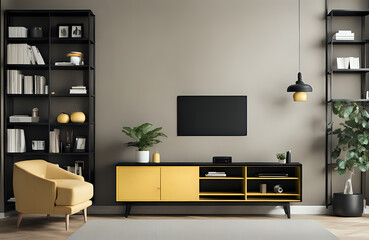 Black cabinet for tv interior yellow wall mockup