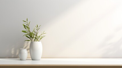 A modern  spotless office desk adorned with a sleek vase next to an empty white mockup, surrounded by minimalist decor and soft ambient light.