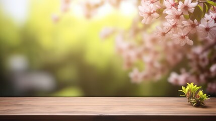 The empty wooden table top with blur spring background. Generative AI.