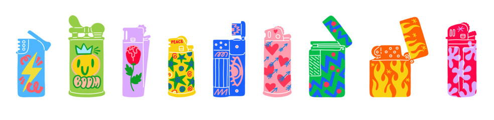 Lighters colors design. Burning accessory. Weed smokers. Cigarette smoking. Fire and light plastic equipment with flowers. Bright abstract pattern. Doodle shapes. Metal tools set. Vector illustration - obrazy, fototapety, plakaty