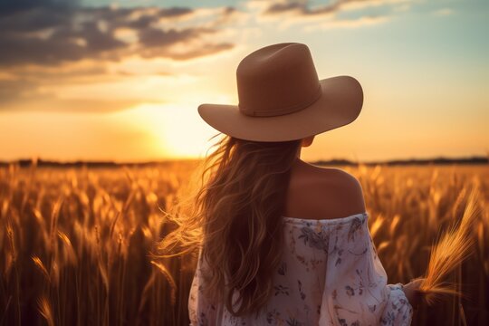 Young woman in a hat on the field at sunset. 