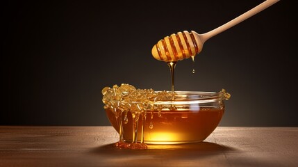 A minimalist image shows a wooden spoon with honey falling down on a brown background. - obrazy, fototapety, plakaty