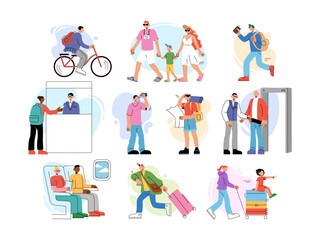 Naklejka premium Travel characters. Summer vacation. Parents walk with kids. People carry suitcase for journey. Airport terminal. Couple in airplane cabin. Hiker with backpack. Hurrying travelers. Vector tourists set