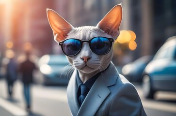Sphynx cat wearing sunglasses. hat and suit on a busy street. Generative AI
