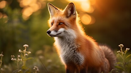 During the summer sunset, a red fox is looking back over his shoulder.