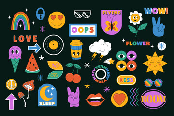 Seamless 90s icon. Fashionable funny pattern in retro 80s style for girl. Positive motivational groovy isolated elements. Modern sun, coffee and rainbow. Vector cool textile garish sticker collection
