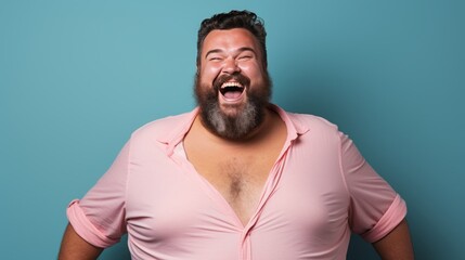 laughing fat obese man in pink shirt.