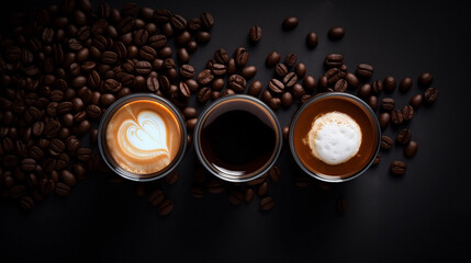 Three cups of coffee - Americano, cappuccino, mocha and coffee beans. Generative AI