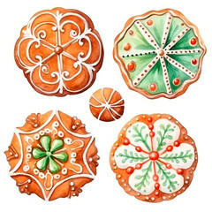 Watercolor illustration of Christmas cookies, with Christmas decorations, isolated with white background. Top view.	