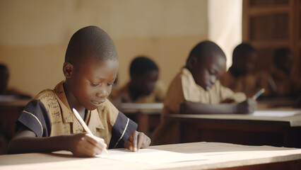 African school kids learning and taking note in classroom - educational equalization concept