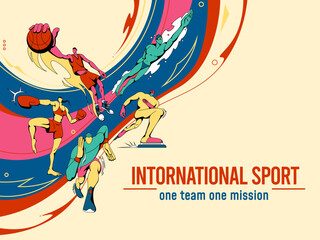 International sport day poster design. Athletes team. Basketball and football games. Soccer national league. Skater and sprinter. Woman boxing tournament. Man swimmer. Vector background playground © Natalia