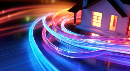 Optical Fiber to the Home (FTTH) Broadband Connection in Cyberspace. High-Speed Network Access 3D Illustration - obrazy, fototapety, plakaty