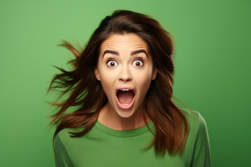 Upside-Down Amazement: Portrait of a Beautiful, Charismatic Lady in Casual Attire with an Open Mouth Expression, Isolated on Green Background