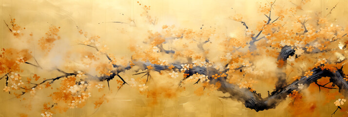 Fototapeta premium Painting - Image Of A Tree Branch Using Gold Leaf In Japanese Style - Traditional Japanese Art – Legal Ai
