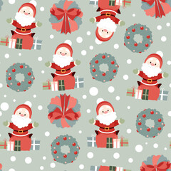 Christmas seamless pattern of Santa Clauses, Christmas wreaths and snow