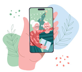Video call with elderly couple. Hand with smartphone with grandparents at mobile phone screen. Distance communication and interaction in messengers. Cartoon flat vector illustration - obrazy, fototapety, plakaty