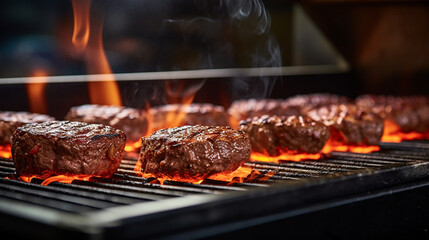 Juicy beef patties for hamburgers being grilled on a grill grate with flames underneath created with Generative Ai