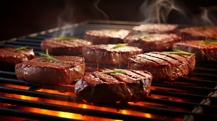 Juicy beef patties for hamburgers being grilled on a grill grate with flames underneath created with Generative Ai