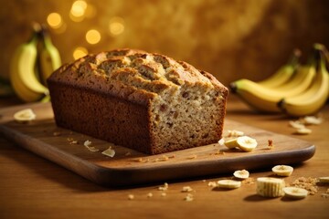 Banana bread on the table on gold background, bread with banana, bread with nuts, bread with raisins, banana muffin, chocolate cake with banana and nuts, Banana cake with nuts and raisins