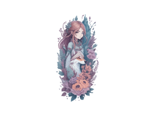 Watercolor Cute Anime Girl, With flowers, Fantasy Art, With Her Dog Friend, Vector Illustration Clipart
