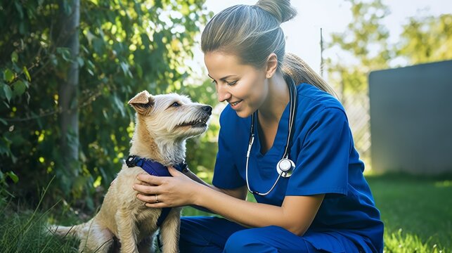Beautiful Female Veterinarian Petting a Noble Golden Retriever Dog. Healthy Pet on a Check Up Visit in Modern Veterinary Clinic