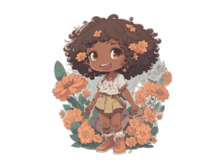 Watercolor Cute Anime Girl, With flowers, Fantasy Art, With Her Dog Friend, Vector Illustration Clipart