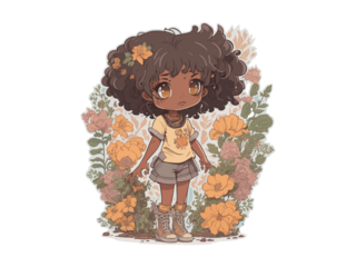 Watercolor Cute Anime Girl, With flowers, Fantasy Art, With Her Dog Friend, Vector Illustration Clipart