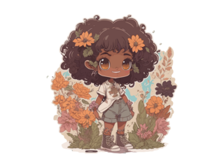 Watercolor Cute Anime Girl, With flowers, Fantasy Art, With Her Dog Friend, Vector Illustration Clipart