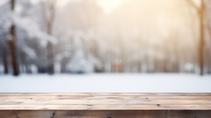 The empty wooden table top with blur winter background. Generative AI