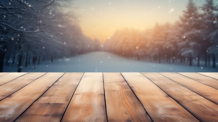 Naklejka na ściany i meble The empty wooden table top with blur winter background. Generative AI