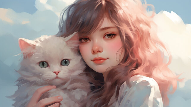An illustrated digital painting captures the tender moment of a girl holding her cat, gazing at the sky adorned with pastel-colored clouds, evoking a soft and dreamlike atmosphere. Generative AI.