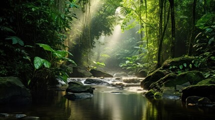 Beautiful sunlight in the green forest,Deep tropical primeval forests of Southeast Asia