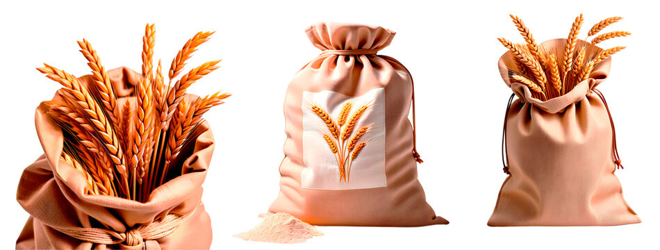 Conjunto de sacos de pano com ramos de trigo. Grupo de sacos com ma&ccedil;os de trigo.