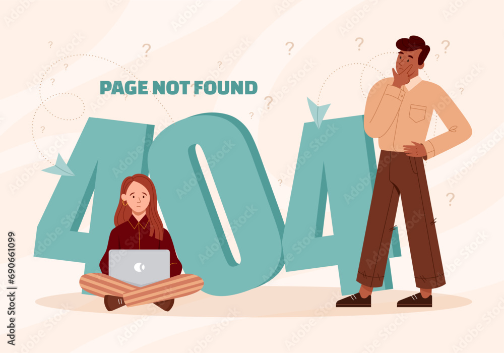 Poster website error 404 concept. page not found. man and woman near big numbers. broken link and wrong add