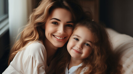 happy mother and daughter hugging and smiling at camera