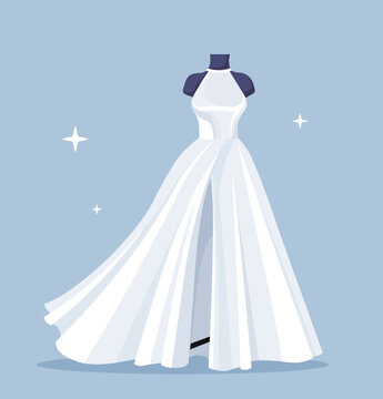 Wedding fashion dress concept. Black dummy with clothing. Trend and style, aesthetics and elegance. Graphic element for website. Cartoon flat vector illustration isolated on blue background