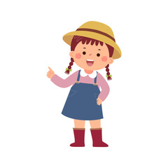 Little girl farmer or gardener pointing finger - 690661802