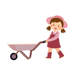 Little girl gardener pushing empty wheelbarrow - 690661823